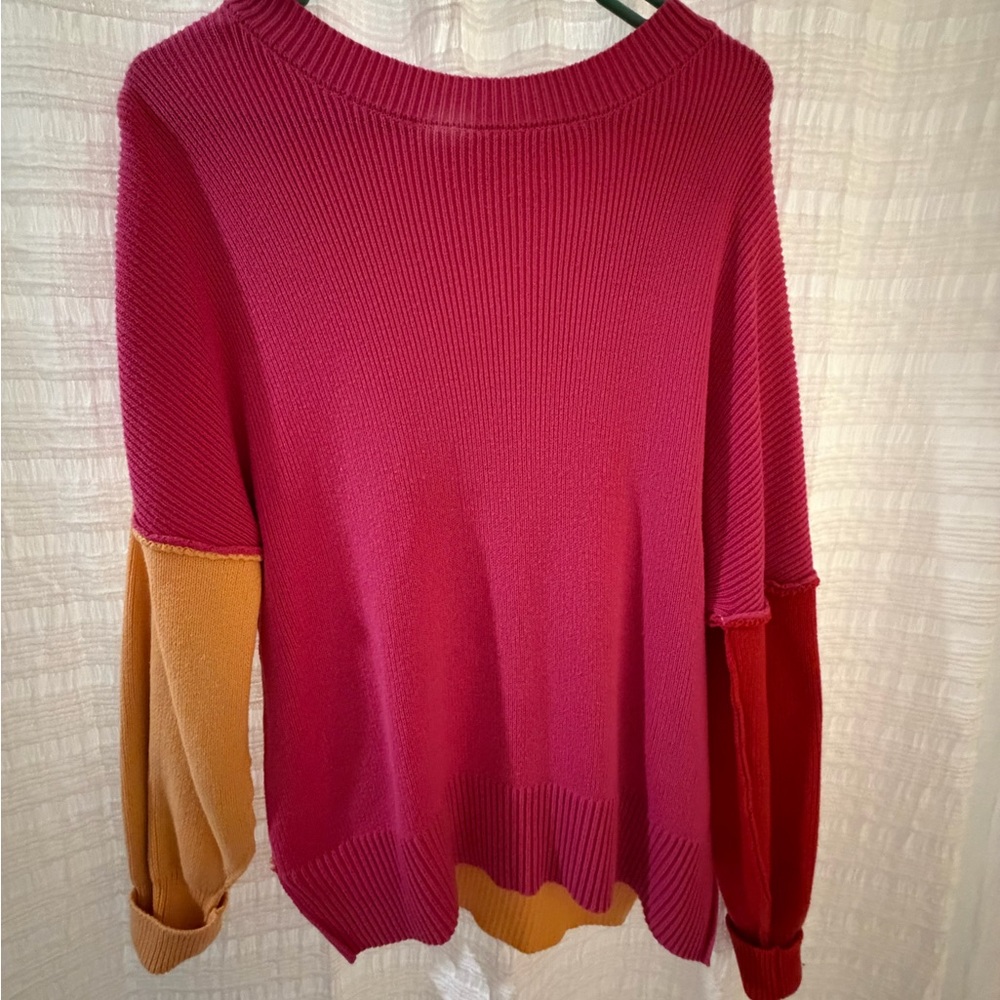 Colorblock Sweater with Pink, Red, and Tan